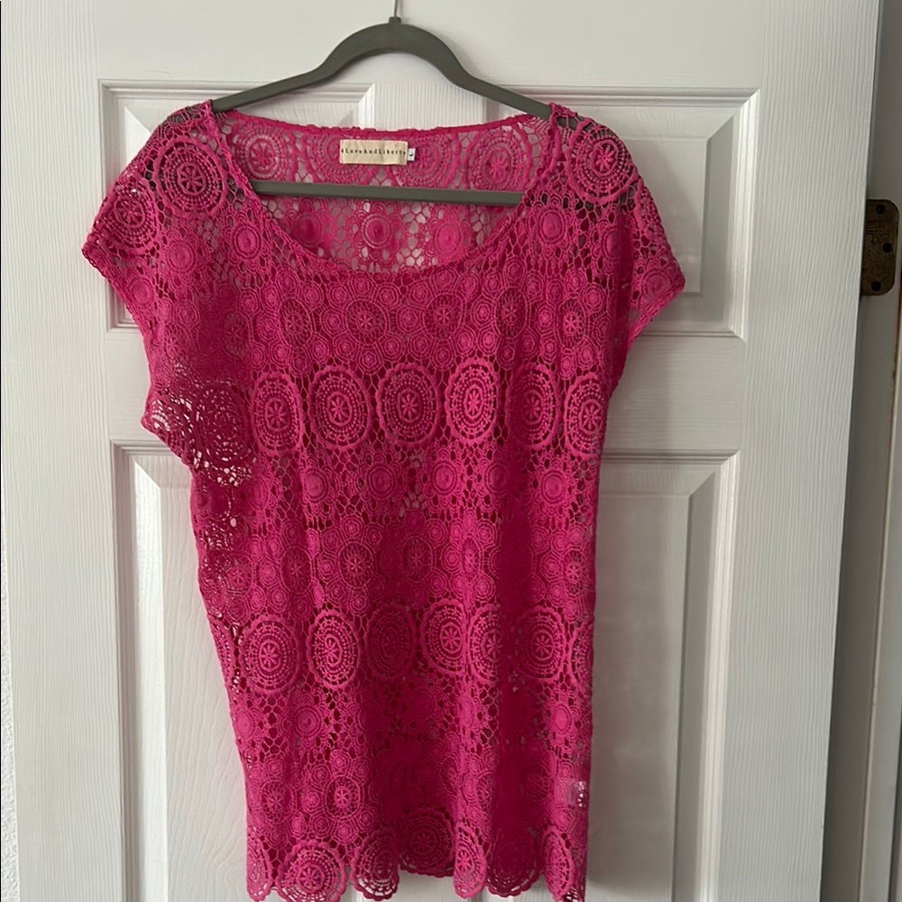 Perfect spring top! Hot pink crocheted top  purchased at Johnny Was.